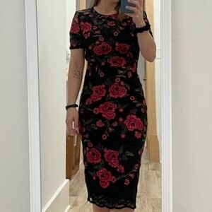 Trina Turk Women's Dress Floral Red Black Size 10 Lace Midi Length Embroidered